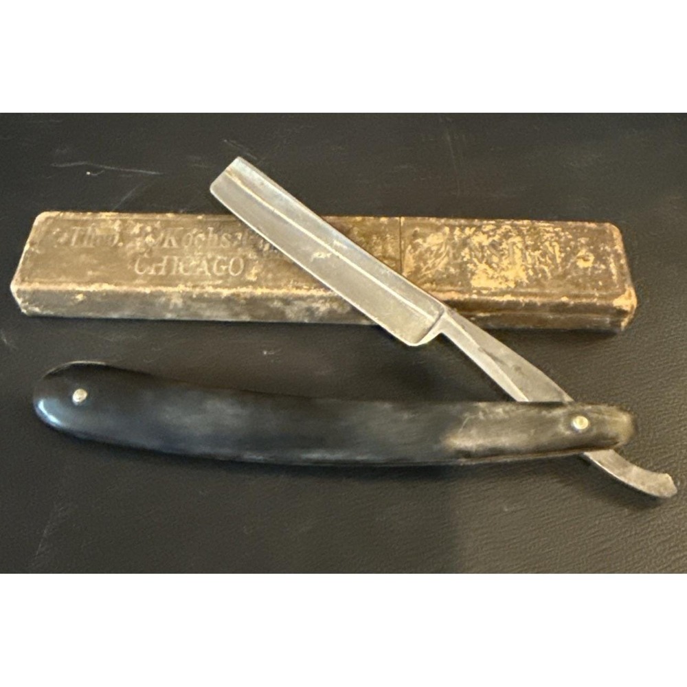 Vintage Theo A Kochs Chicago Straight Razor Black Handle Germany Box READ
